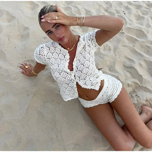 Women’s Crochet Hollow Out 2-Piece Set – Round Neck Cardigan & Shorts for Summer Beach Party Y2K Fashion Clothing Set Lunarity Garage