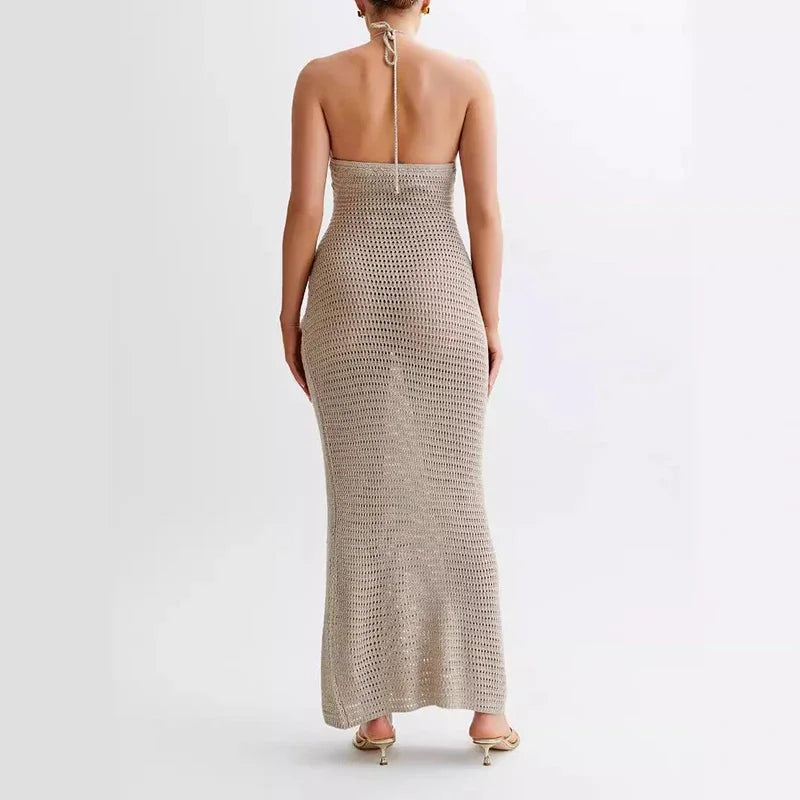 Elegant Beach Vacation Summer Trend Clubwear Bodycon Dress | Appliques Halter Sexy Flower Knit See Through Long Dress beach dress LUNARITY GARAGE