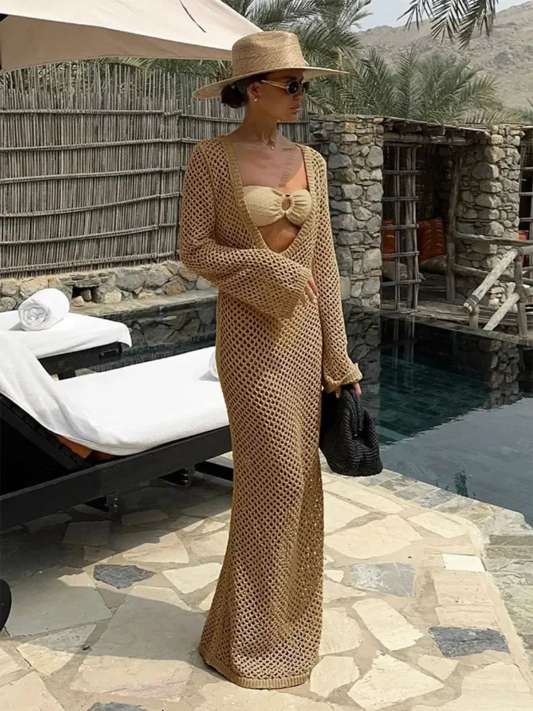 Sexy U-Neck Bell Sleeve Knit Maxi Dress | Summer Beach Cover-Up & Holiday Outfit K21 cover up LUNARITY GARAGE Light Brown S