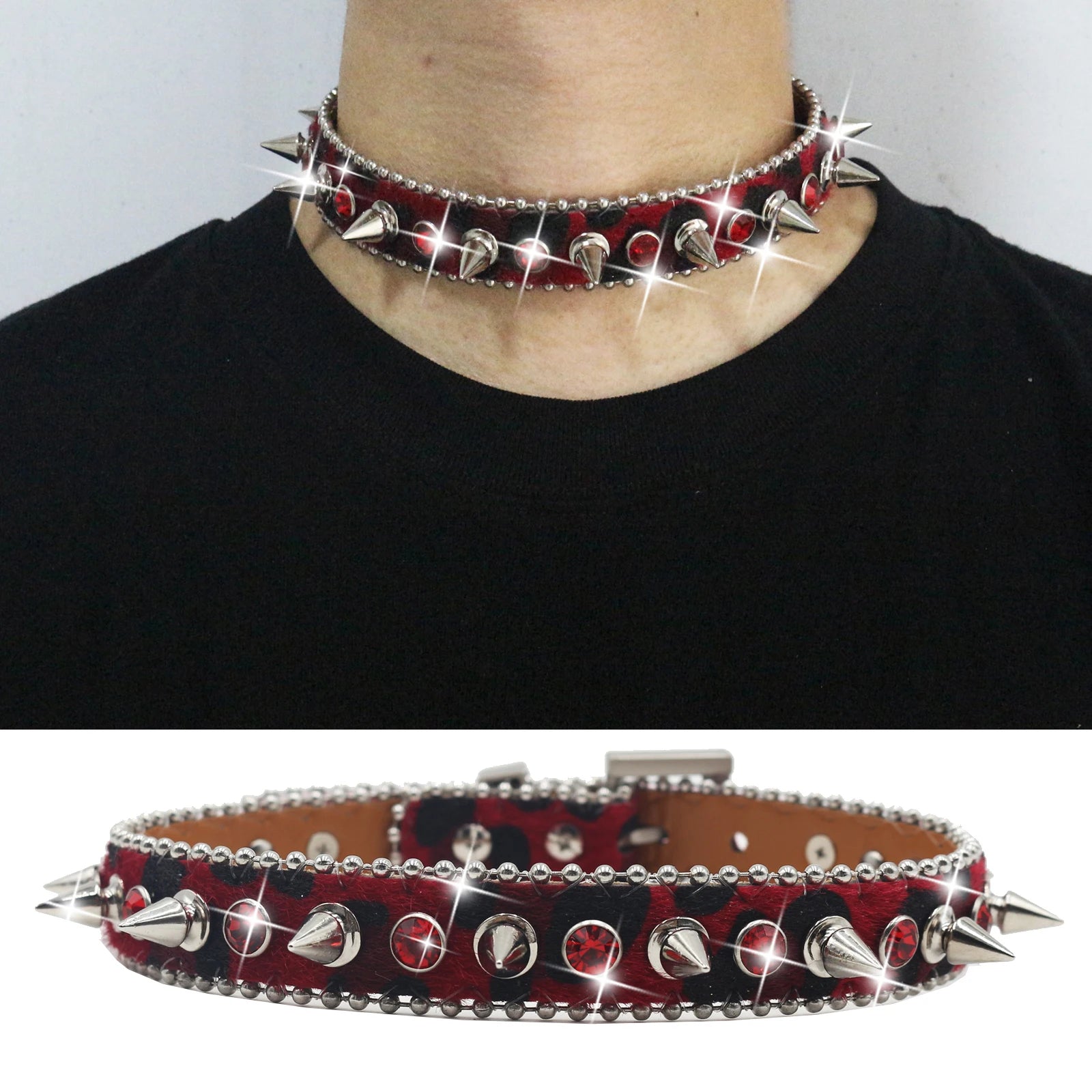 Gothic Leopard Rivet Rhinestone Choker – Y2K Steampunk Party Collar choker LUNARITY GARAGE 50cm Red