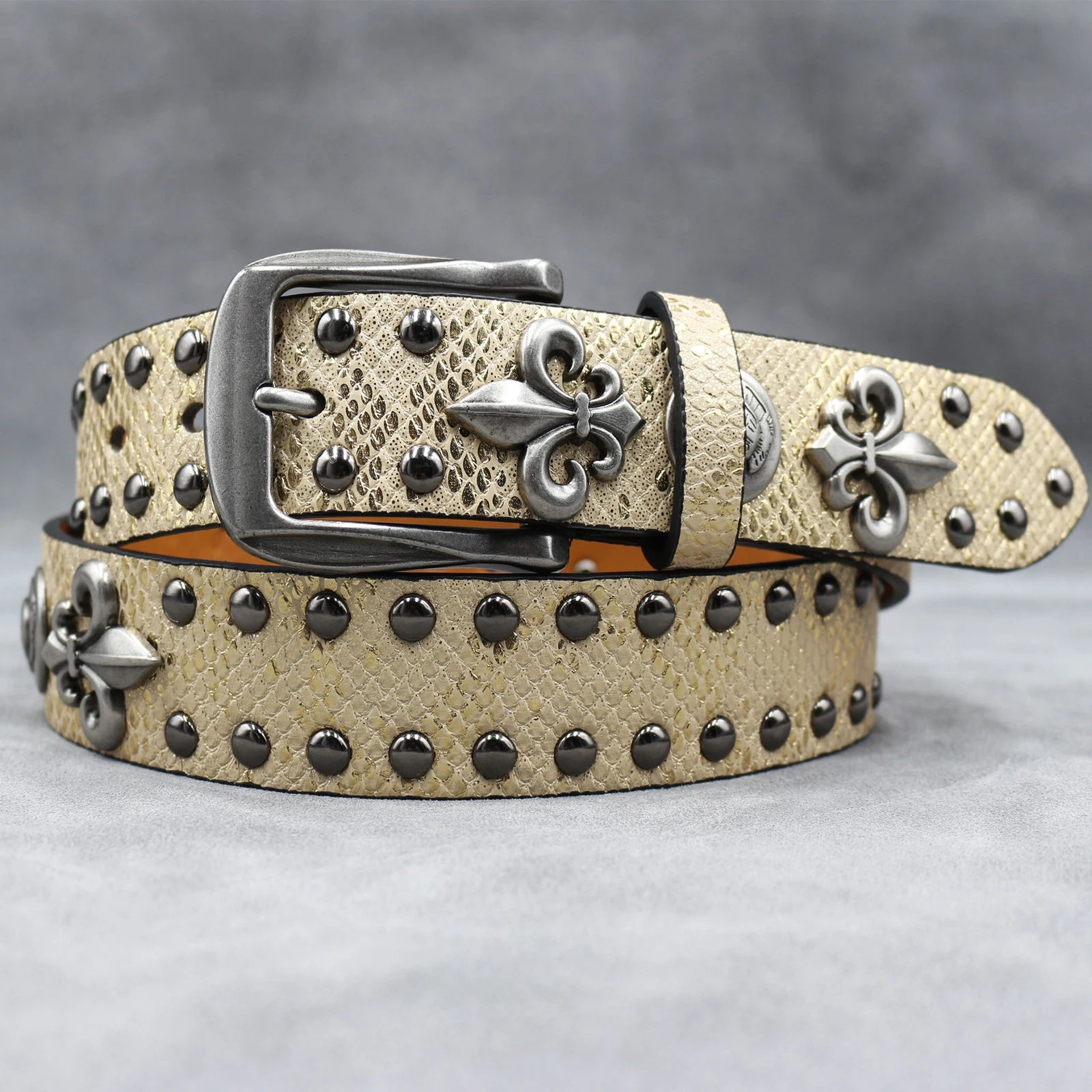 Y2K Leather Rivet Belt – Golden Cross Studded Rock Style belt LUNARITY GARAGE