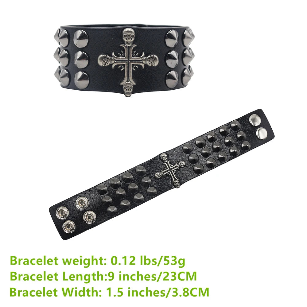 Skull Cross Rivet Wide Cuff Bracelet – Genuine Leather Punk Rock Bangle