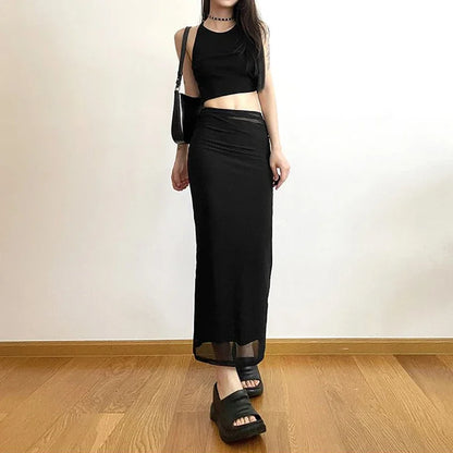 Y2K Black Long Skirts Women Harajuku Sexy Mesh Patchwork Wrap Skirt Summer Gothic Korean High Waist Slim A Line Faldas New skirt LUNARITY GARAGE