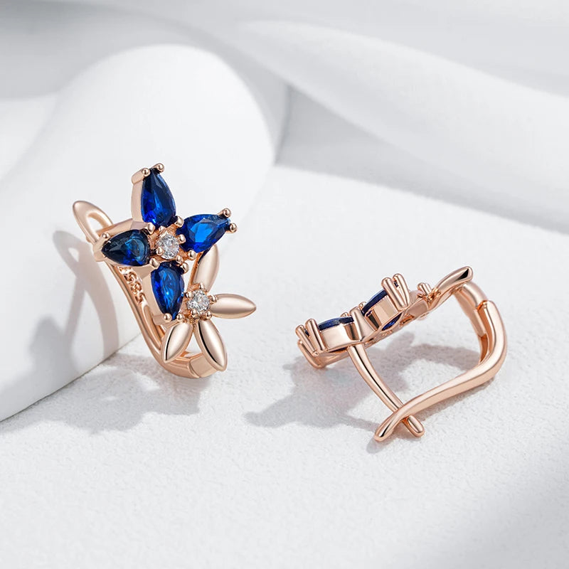 Elegant Rose Gold Crystal Flower Drop Earrings with Blue Zircon for Women – Vintage Jewelry Earrings LUNARITY GARAGE