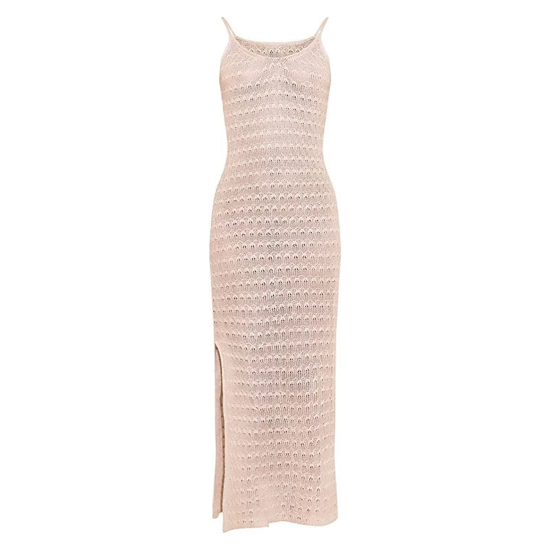 Hollow Out Knitted Long Dress | 2025 Halter Neck High-Slit Knit Maxi Dress for Summer Beach Outfits Dress LUNARITY GARAGE