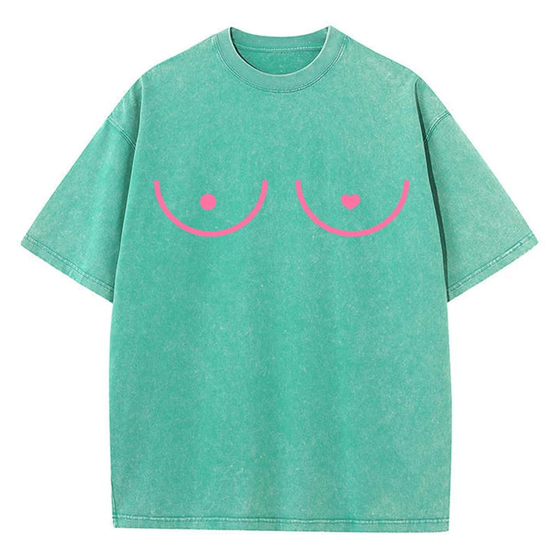 Heart Graphic Washed Cotton T-Shirt - Y2K Loose Retro Short Sleeve Tee Tshirt LUNARITY GARAGE Green S