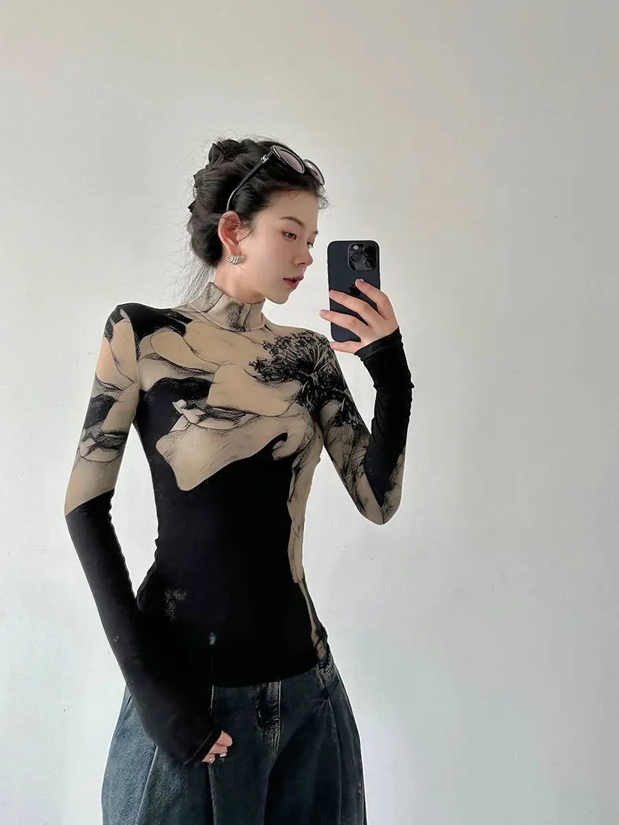 Vintage Floral Print Turtleneck T-Shirt - Korean Long Sleeve Tunic Tee BLOUSE LUNARITY GARAGE