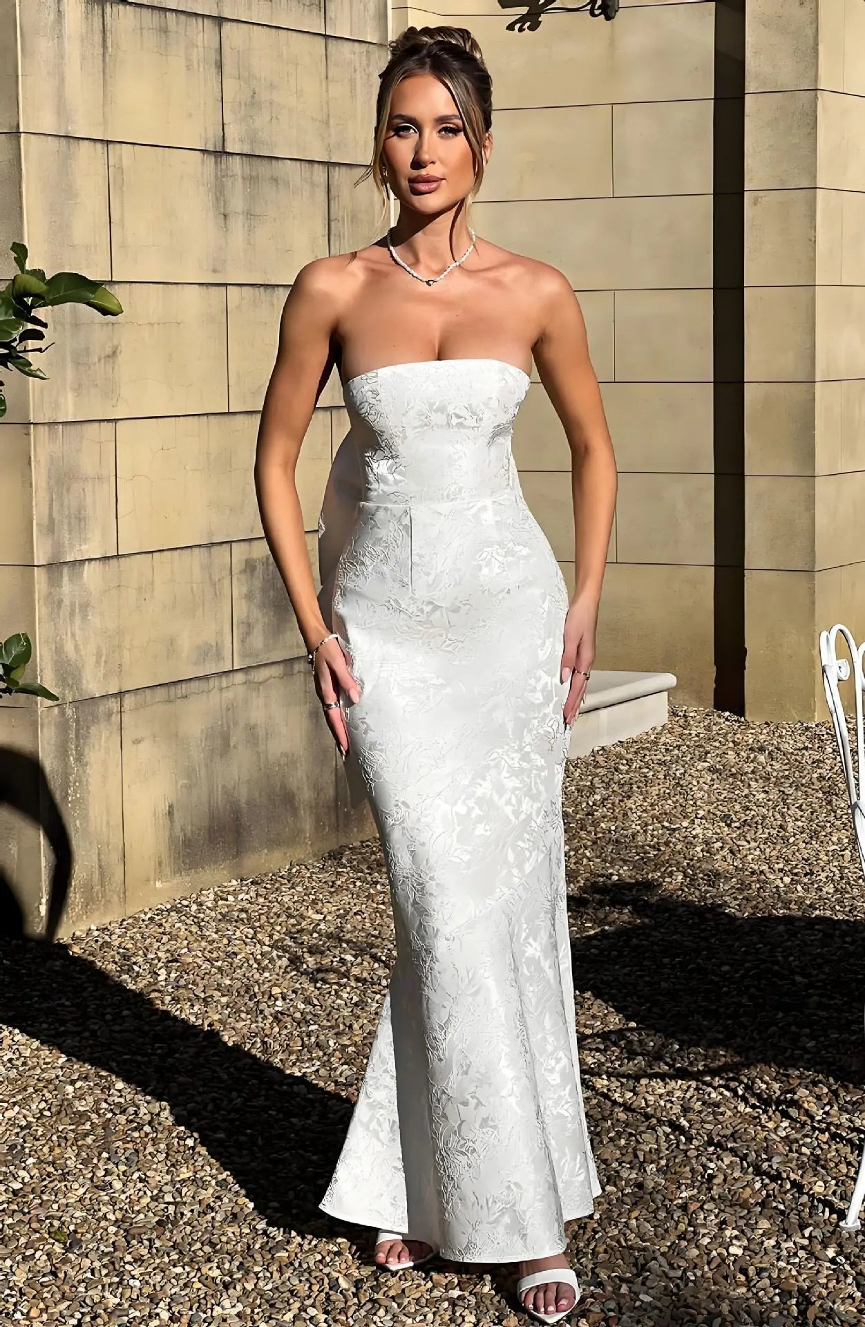 Elegant Floral Embroidery Strapless Bodycon Maxi Dress | Off-Shoulder Evening & Night Club Dress LUNARITY GARAGE White S Italy