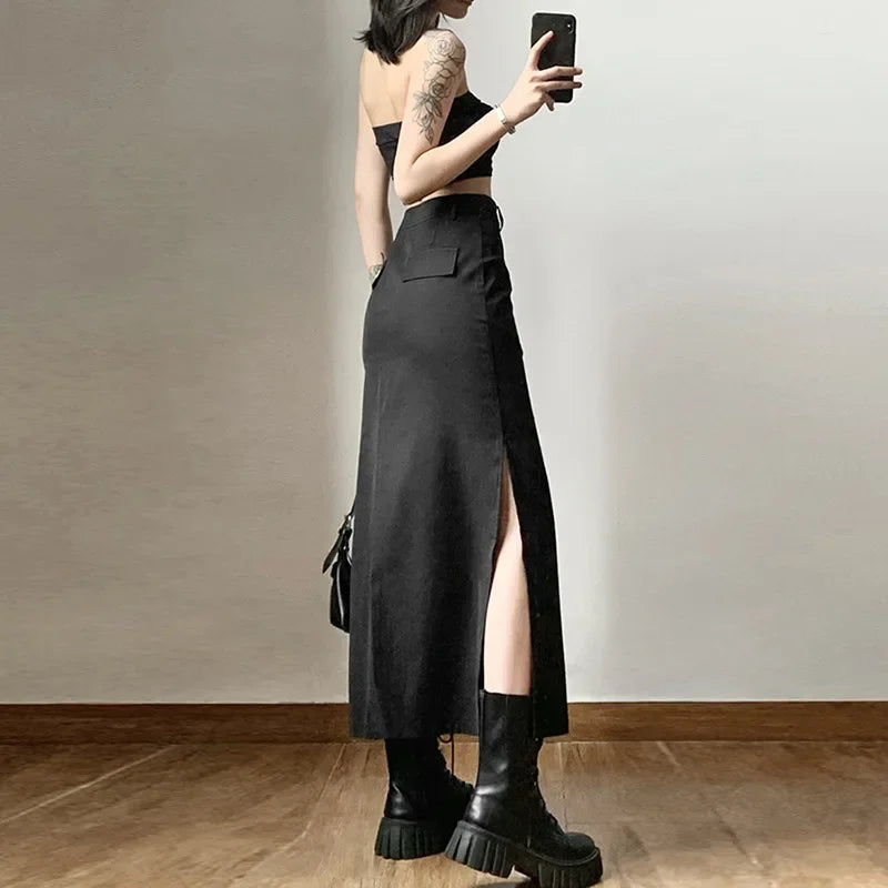 Gothic Punk High Waist Midi Skirt – Edgy & Chic Skirts LUNARITY GARAGE
