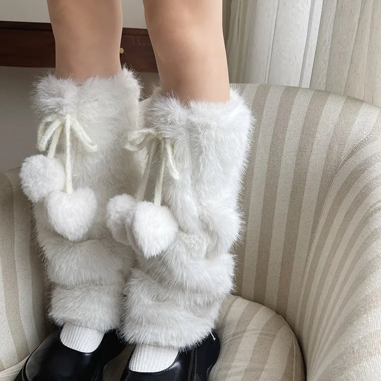 JK White Bow Tie Leg Warmers with Faux Rabbit Fur Ball – Thick Plush Y2K Winter Boots Cover Socks Leg Warmers LUNARITY GARAGE