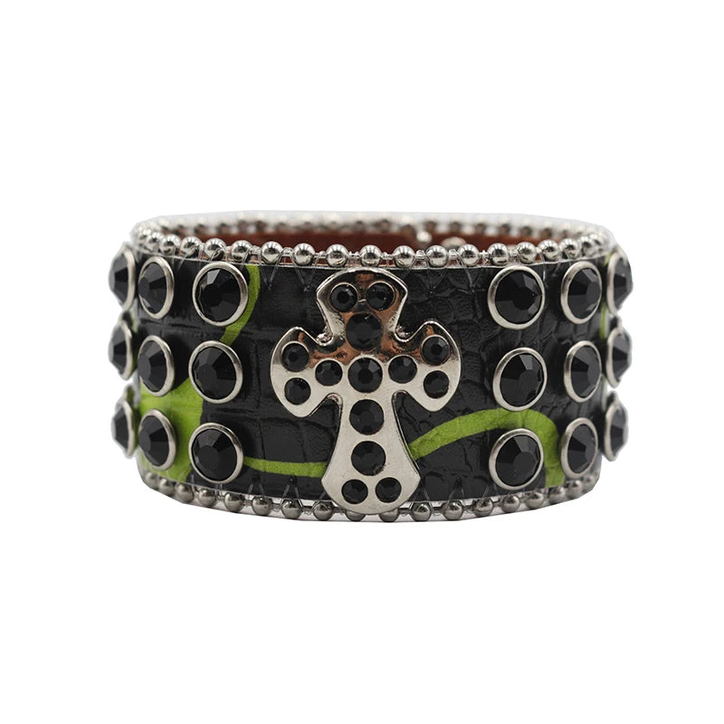 Designer PU Leather Rhinestone Cross Bracelet – Western Bling Statement Piece Bracelets LUNARITY GARAGE HW-Black
