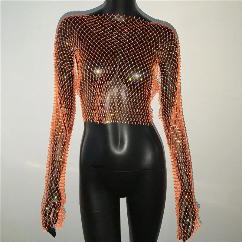 Glitter Rhinestone Fishnet Crop Top – Festival-Ready Sparkle crop top Lunarity Garage One Size Orange
