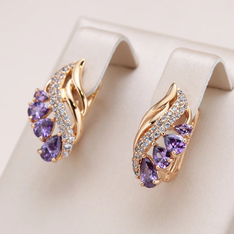 Purple Water Drop Natural Zircon Earrings for Women Luxury 585 Rose Gold Fashion Jewelry Unique Daily Drop Earrings ring LUNARITY GARAGE