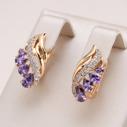 Purple Water Drop Natural Zircon Earrings for Women Luxury 585 Rose Gold Fashion Jewelry Unique Daily Drop Earrings ring LUNARITY GARAGE   