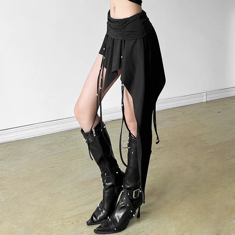 Gothic Dropped Waist Mini Skirt - Punk Grunge Irregular Hem A-line Techwear Skirts LUNARITY GARAGE