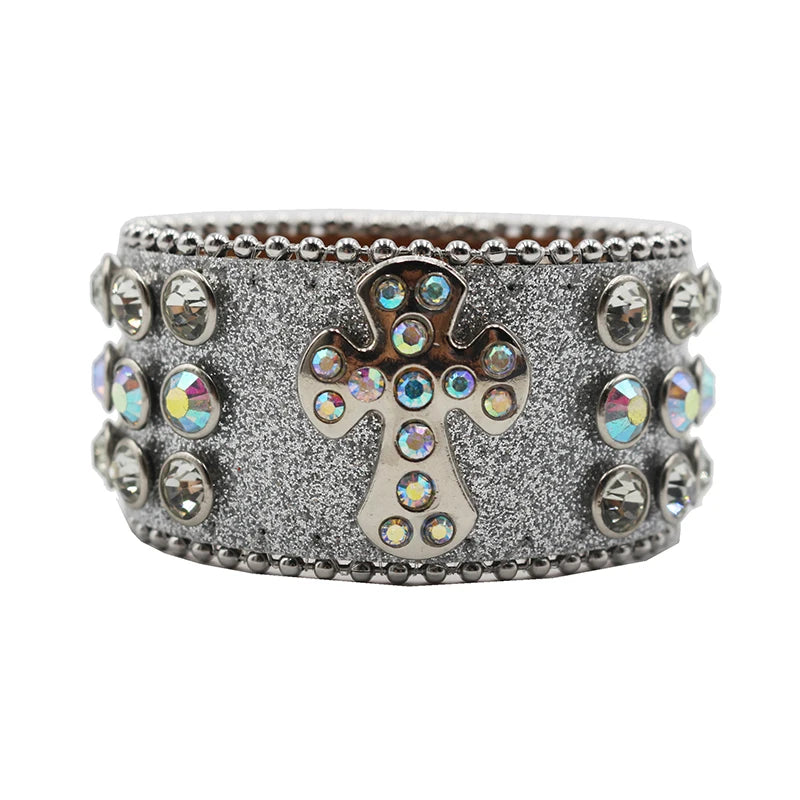 Designer PU Leather Rhinestone Cross Bracelet – Western Bling Statement Piece Bracelets LUNARITY GARAGE Shiny-Silver