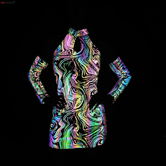 Reflective Halter Dress – Rainbow Mini Party Rave Festival Dress with Detachable Sleeves Dress LUNARITY GARAGE