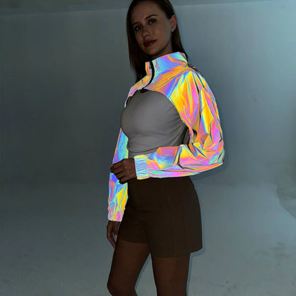 Reflective Colourful Short Jacket - Women Crop Top Long Sleeve Stand Spring Autumn Coat Jackets LUNARITY GARAGE