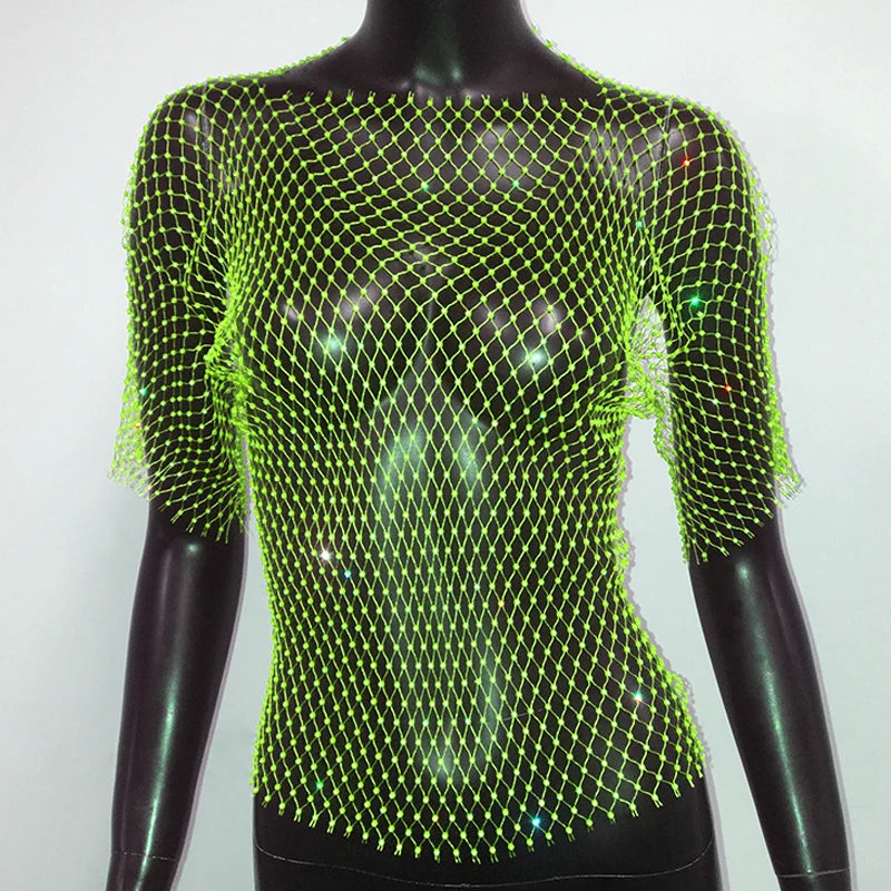 Glitter Rhinestone Fishnet Crop Top – Festival-Ready Sparkle crop top Lunarity Garage One Size Short Sleeve Green