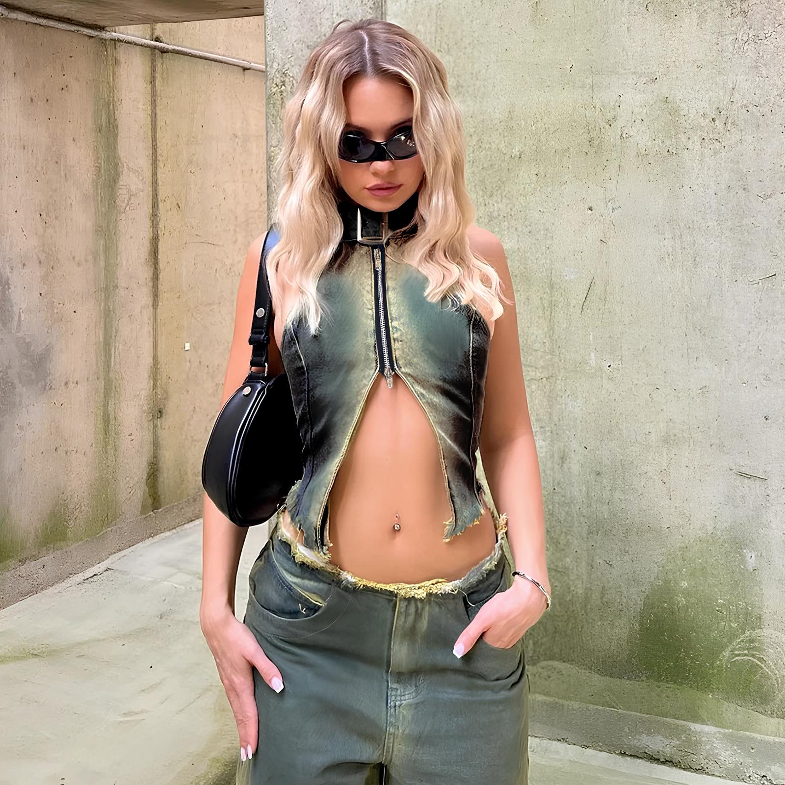 Vintage Y2K Denim Halter Crop Top crop top Lunarity Garage S