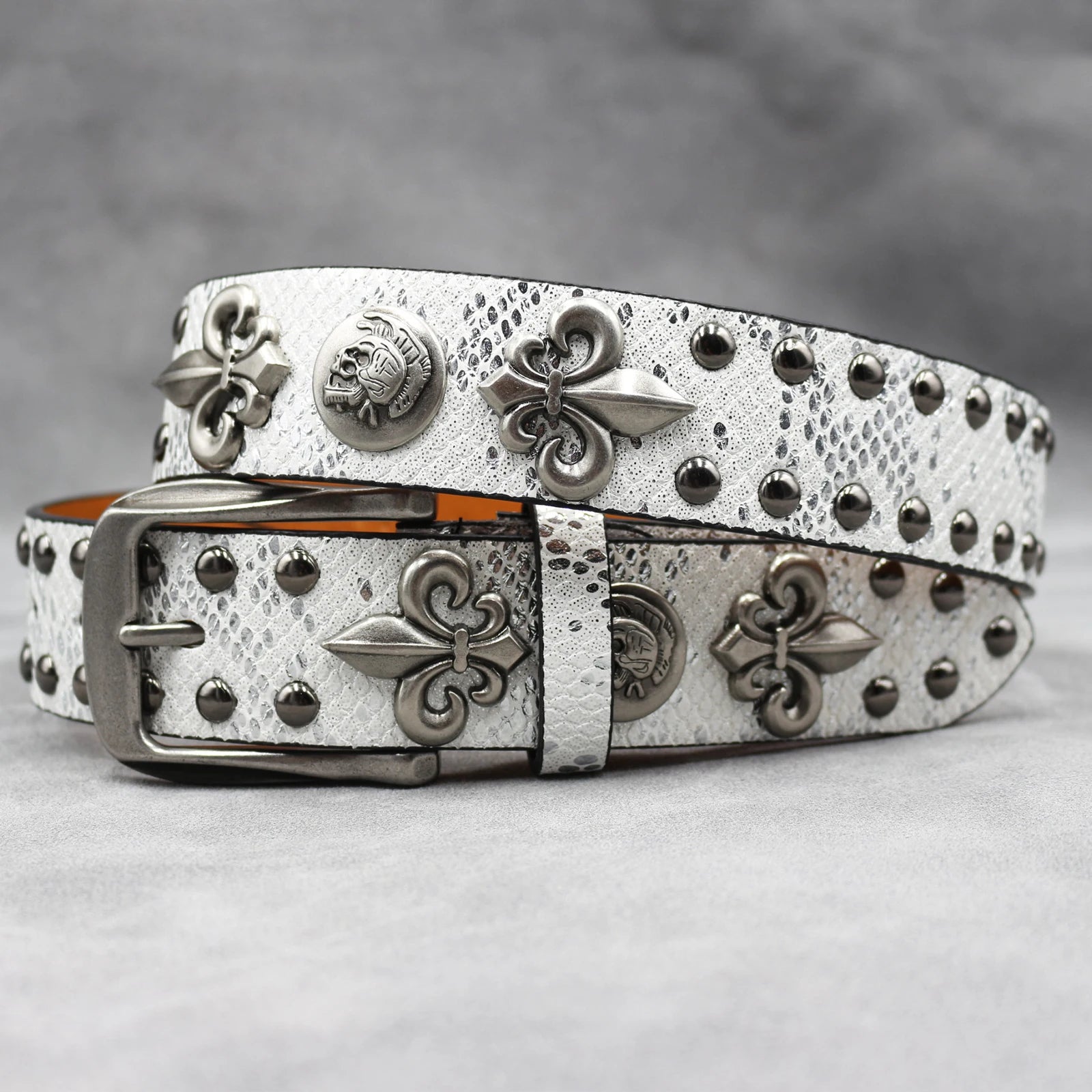 Y2K Leather Rivet Belt – Golden Cross Studded Rock Style belt LUNARITY GARAGE Silver 105CM