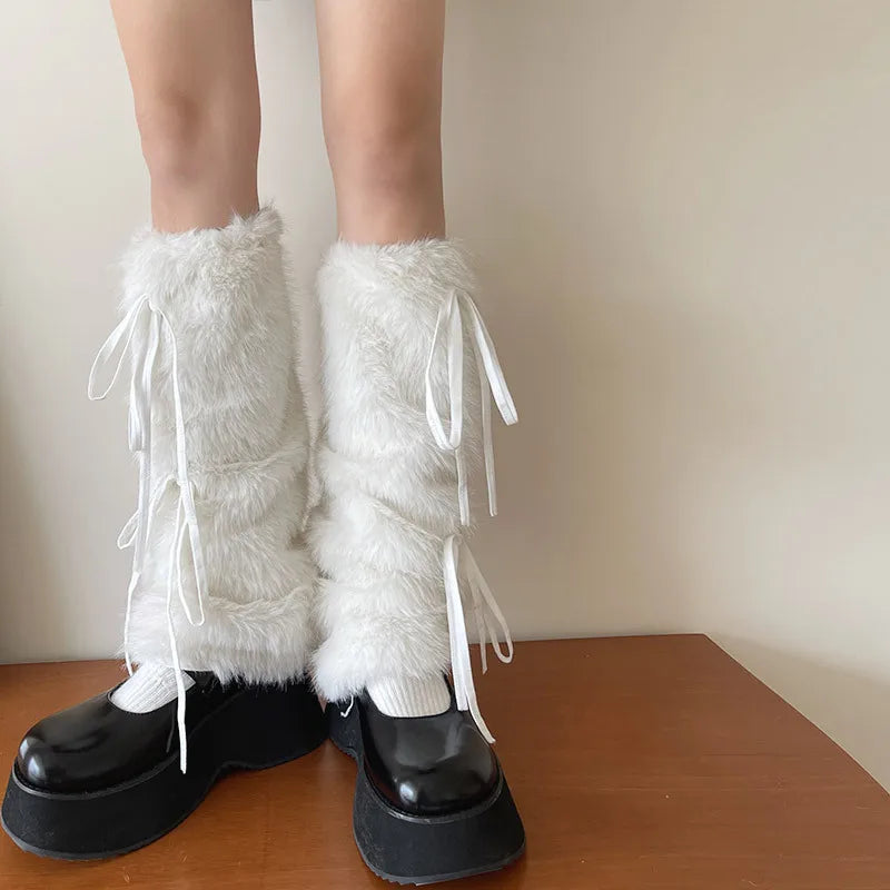 JK White Bow Tie Leg Warmers with Faux Rabbit Fur Ball – Thick Plush Y2K Winter Boots Cover Socks Leg Warmers LUNARITY GARAGE