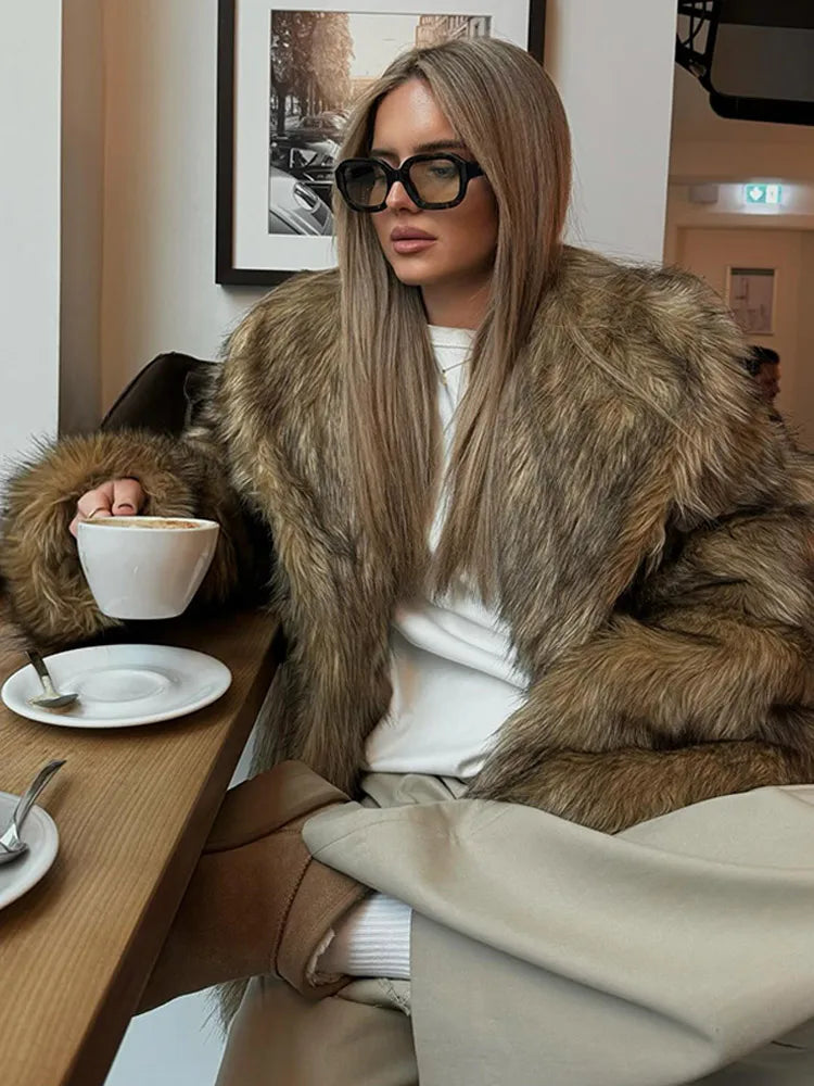 Winter Luxury Lapel Thicken Fluffy Fur Coat – Chic Brown Oversized Plush Jacket Jackets LUNARITY GARAGE