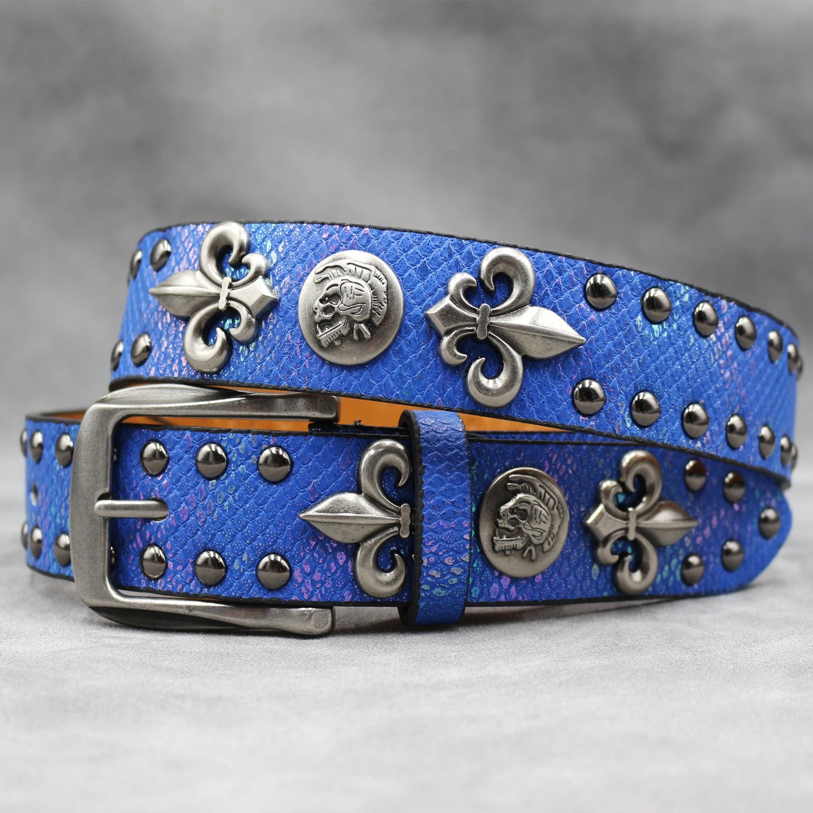 Y2K Leather Rivet Belt – Golden Cross Studded Rock Style belt LUNARITY GARAGE Blue 105CM