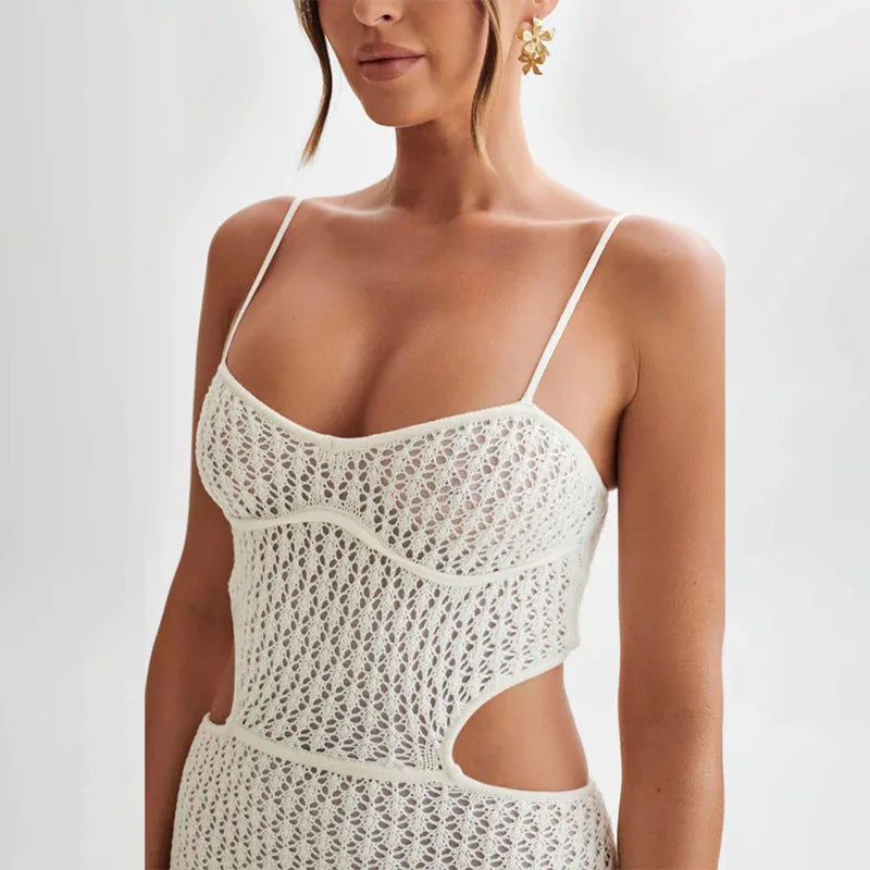 Women Long Knitted Beach Dress - Hollow Out Deep V-Neck Sleeveless Bikini Cover Up Fall Backless Holiday Dress beach dress LUNARITY GARAGE