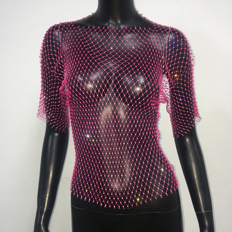 Glitter Rhinestone Fishnet Crop Top – Festival-Ready Sparkle crop top Lunarity Garage