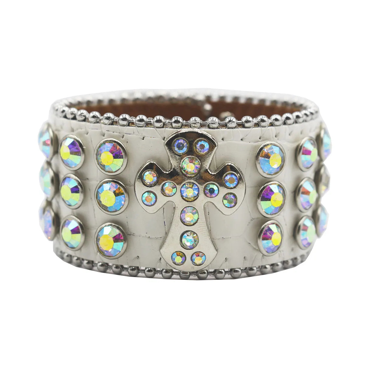 Designer PU Leather Rhinestone Cross Bracelet – Western Bling Statement Piece Bracelets LUNARITY GARAGE White