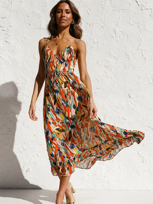 Bohemian Floral Print Mid-Calf Dress - Spaghetti Strap Sexy Casual Sundress Dress LUNARITY GARAGE
