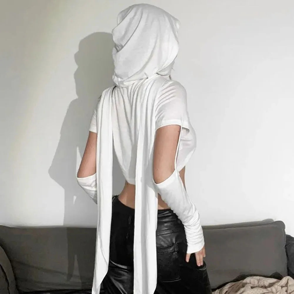 Punk Aesthetic Doomsday Wilderness Hoodie Tee | Grey Cross Hollow Ultra Short Top Party Wear top LUNARITY GARAGE