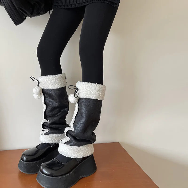 Punk Thickened Lamb’s Wool Suede Leg Warmers – Y2K Winter Knee Warmers with Plush Fur Ball Detail Leg Warmers LUNARITY GARAGE   