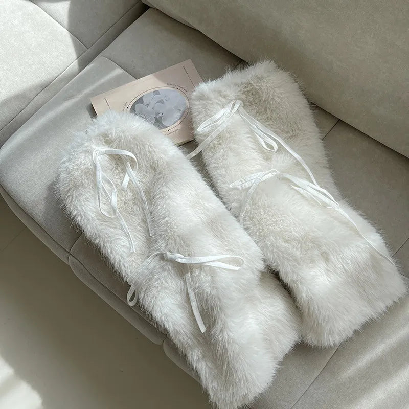 JK White Bow Tie Leg Warmers with Faux Rabbit Fur Ball – Thick Plush Y2K Winter Boots Cover Socks Leg Warmers LUNARITY GARAGE