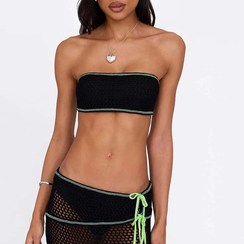 Two-Piece Hollow Out Knitted Dress & Bandeau Bikini Top Set | Sexy Beachwear Cover-Up Bikini Set LUNARITY GARAGE
