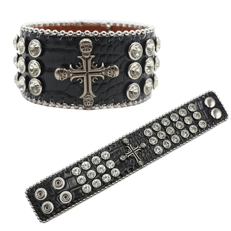 Exquisite Crystal Rhinestone Skull Cross Bracelet – PU Leather Party Jewelry Bracelets LUNARITY GARAGE SZKLT-White