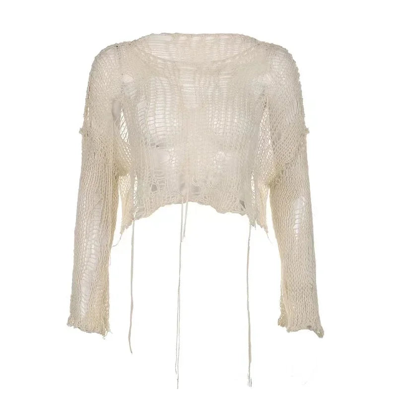 Boho Knitted Hollow Out Crop Tee – Vintage Y2K Loose Fit Ripped Long Sleeve Jumper for Women crop top Lunarity Garage S Apricot