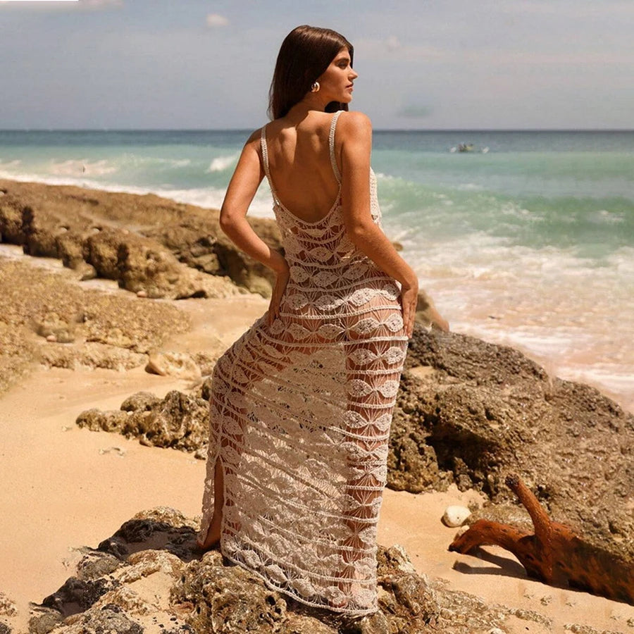 The Hollow Out Deep V-Neck Knit Maxi Beach Dress covers up LUNARITY GARAGE