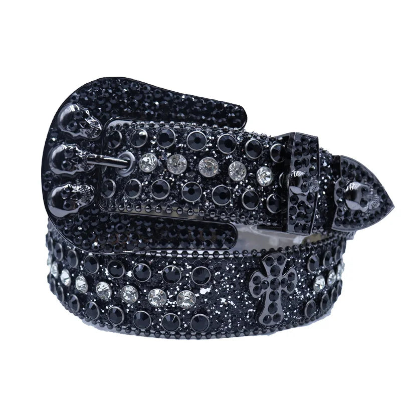 Shine Rhinestone Punk Cowboy Belt - Unisex Y2K Crystal Belt for Jeans & Pants Belt LUNARITY GARAGE Black Cross 145cm