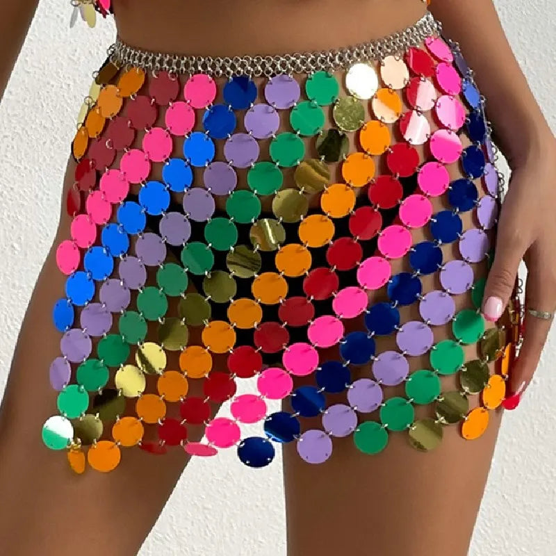Colorful Glitter Sequins Camisole with Hollow Out Skirt Bikini Bra Chain | 2025 Summer Nightclub Party Jewelry Clothing Set LUNARITY GARAGE Skirt One Size