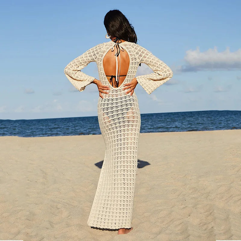 White Knitted Beach Maxi Long Dress | Versatile Bikini Cover-Up & Sarong cover up LUNARITY GARAGE