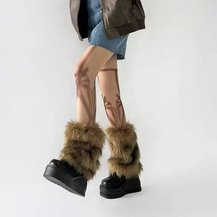 Y2k Vintage Faux Fur Leg Warmers Hot Girl Harajuku Winter Warm Furry Boots Cover Socks Jk Punk Hiphop Cosplay Accessories  LUNARITY GARAGE Tattoo stockings