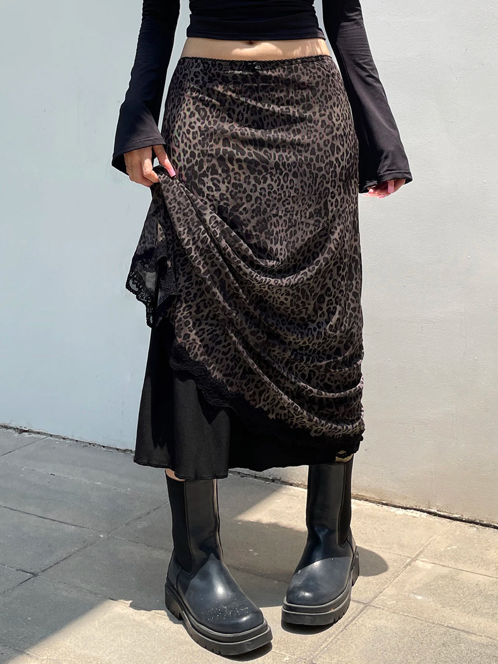 Retro Brown Leopard Y2K Long Skirt with Lace Trim for Women skirt LUNARITY GARAGE