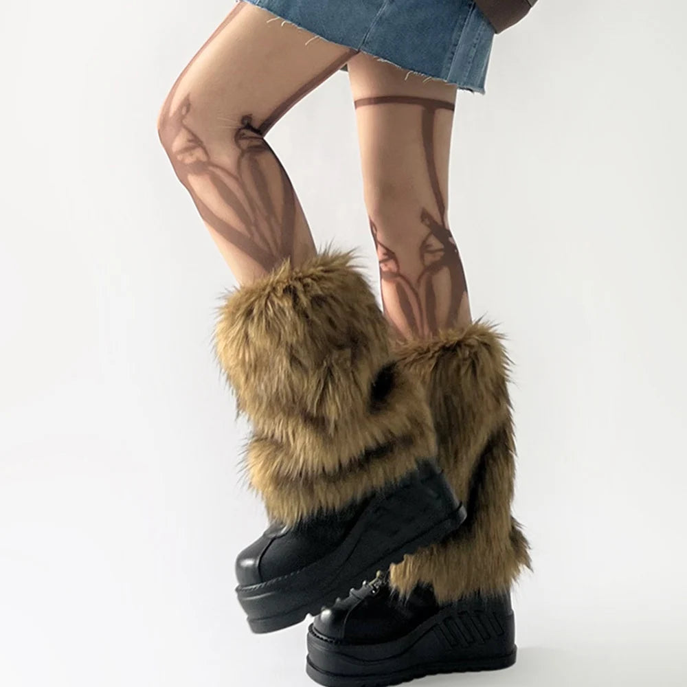 Y2k Vintage Faux Fur Leg Warmers Hot Girl Harajuku Winter Warm Furry Boots Cover Socks Jk Punk Hiphop Cosplay Accessories  LUNARITY GARAGE brown 30cm