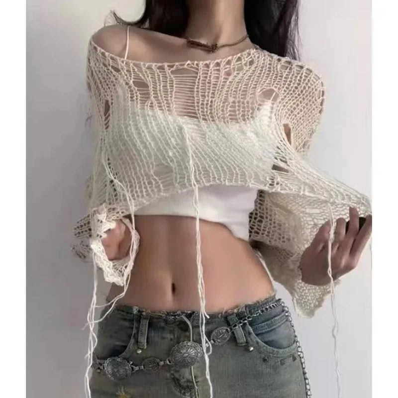 Boho Knitted Hollow Out Crop Tee – Vintage Y2K Loose Fit Ripped Long Sleeve Jumper for Women crop top Lunarity Garage