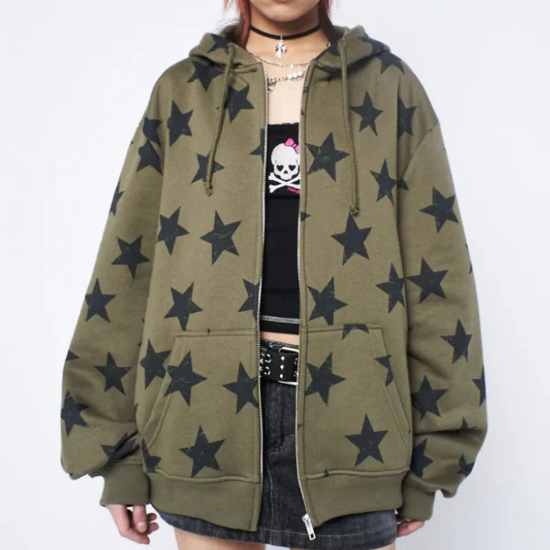 Y2K Vintage Star Oversized Zip-Up Hoodie – Harajuku Goth Streetwear Sweatshirt sweatshirt LUNARITY GARAGE