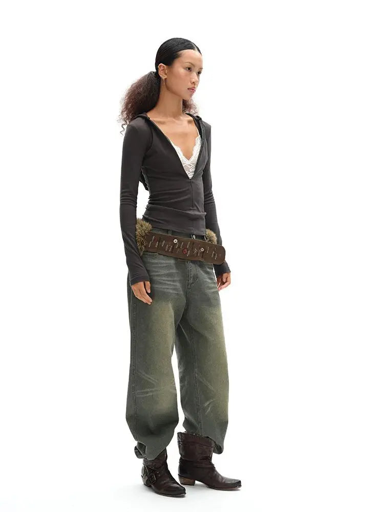 Vintage Brown Fur Belt - Y2K Hook Furry Cowgirl Gothic Punk Hip Hop Waistband Belt LUNARITY GARAGE
