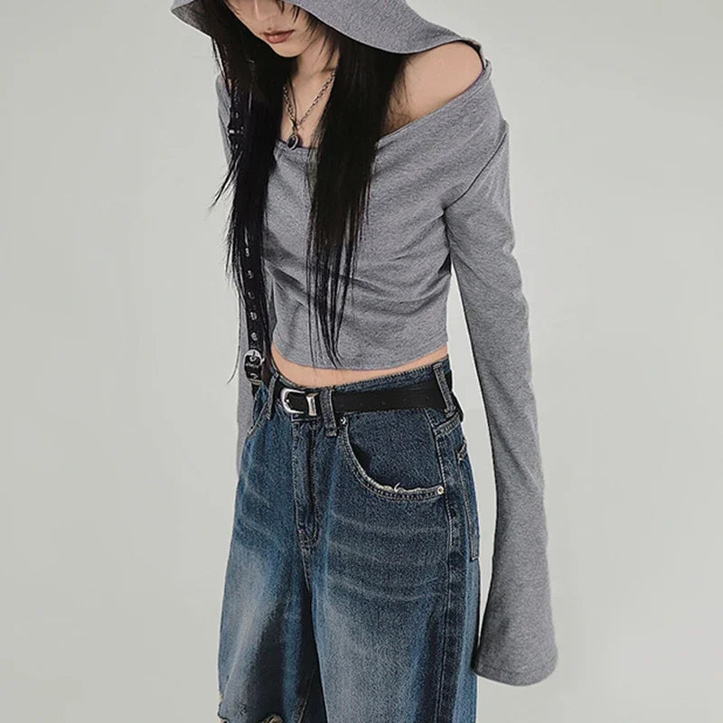 Y2K Grunge Hooded Long Sleeve Top – Slim Fit Vintage Streetwear Tops Lunarity Garage