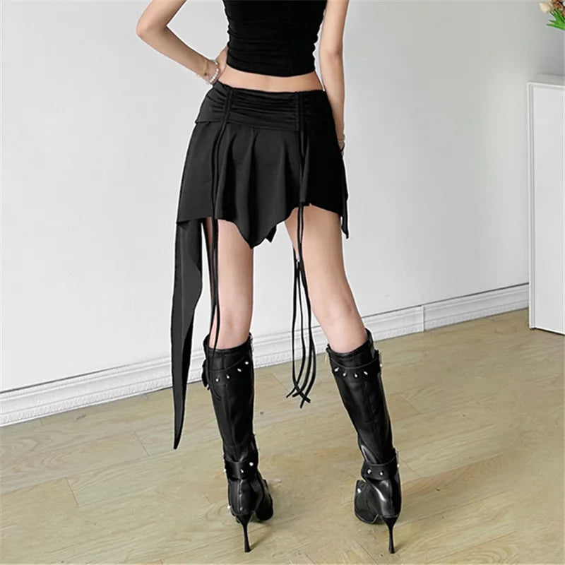Gothic Dropped Waist Mini Skirt - Punk Grunge Irregular Hem A-line Techwear Skirts LUNARITY GARAGE